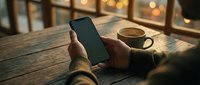 Person holding smartphone with blank screen at wooden table in cozy cafe with warm lighting and coffee cup, perfect for mobile app mockups and digital lifestyle.