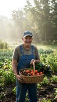Happy senior Caucasian farmer in overalls holding wicker basket full of fresh vegetables in sunny garden with warm golden light filtering through trees.