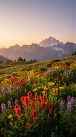 Vibrant wildflower meadow with colorful blooms at sunset in mountain landscape with snow-capped peaks and golden hour lighting for nature photography.