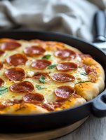 Fresh homemade pepperoni pizza with melted mozzarella and herbs in cast iron skillet on wooden table, close up view of crispy crust and savory toppings.