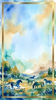 Watercolor landscape with grazing horses in pastoral countryside, golden frame border, soft blended sky in blue and warm tones, ideal for greeting cards and wall art.