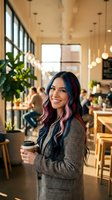Young woman with long black and pink ombre hair, wearing a gray checkered blazer, holding a coffee cup in a modern café with warm lighting, plants, and blurred patrons in background.