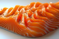 Fresh raw salmon fillet with distinctive marbled texture and vibrant orange color, seasoned with black pepper on white surface, macro close-up view for culinary use.