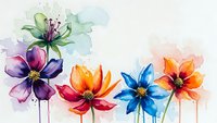Watercolor flowers in vibrant colors with flowing paint effects on white background. Artistic floral design for greeting cards and decorative projects.
