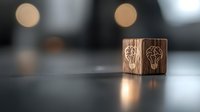 Wooden cube with engraved light bulb icons on blurred dark background with bokeh lights, symbolizing creative thinking and innovation concepts.