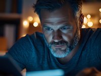 Mature bearded Caucasian man illuminated by screen light in dark room with bokeh background, focused expression while working late at night on digital device.