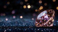 Sparkling pink diamond on dark glittery surface with golden bokeh lights in background creates luxurious gemstone composition for jewelry advertising.
