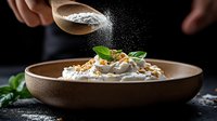 Creamy white sauce pasta garnished with fresh basil leaves and parmesan cheese being sprinkled from wooden spoon in rustic ceramic bowl on dark background.