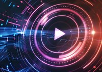 Futuristic play button surrounded by glowing neon circles and digital lines in pink and blue colors against dark background, creating dynamic motion effect.