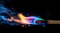 Burning match with colorful smoke trails and glowing sparks against black background, macro photography showing vibrant blue, pink and orange flame effects.