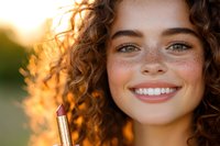 Smiling young woman with curly hair, freckles and bright eyes in warm sunset light holding lipstick. Natural beauty and cosmetics concept.