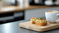Fresh avocado toast with salmon, microgreens and sesame seeds served on wooden board with cappuccino cup in modern kitchen setting. Healthy breakfast concept.