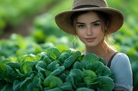 Young Caucasian woman in straw hat and blue dress smiling while holding fresh organic cabbage leaves in garden. Natural light portrait showcasing sustainable farming.