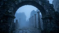 Ancient stone archway framing misty ruins with classical columns in atmospheric fog creating mysterious archaeological landscape for historical designs.
