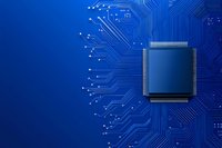 Microprocessor on blue circuit board background with digital pathways and electronic connections, modern computing technology concept.