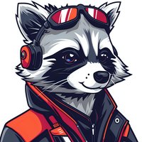 Cool raccoon character wearing red sunglasses, headphones and orange jacket. Stylized mascot design with detailed fur texture and modern urban fashion elements on white background.