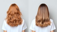 Back view of two women with long wavy hair in copper and caramel blonde shades wearing white t-shirts against light gray background, beauty salon hairstyle comparison.