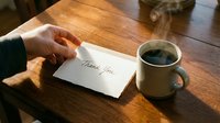 Hand holding a thank you card on a rustic wooden table beside a steaming coffee mug, warm cozy atmosphere for greeting and appreciation concepts.