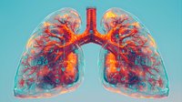 Anatomical visualization of human lungs with glowing bronchial tree and blood vessels in orange and red colors against turquoise background for medical education.