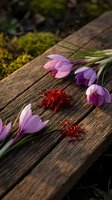 Fresh saffron threads with purple crocus flowers on rustic wooden surface for culinary and spice photography.