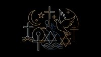 Religious symbols collection with cross dove star crescent and Star of David in minimalist line art style on black background for interfaith unity designs.