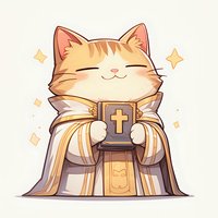 Cute cartoon ginger cat in priest robes holding holy bible with cross, smiling with closed eyes. Kawaii religious character on light background with sparkles.