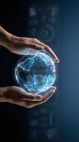 Male hands holding glowing digital globe with blue network connections, representing global technology, data connectivity, and worldwide business innovation on dark background.