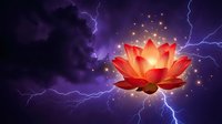 Glowing lotus flower with magical sparks surrounded by purple lightning storm clouds creating mystical spiritual energy atmosphere for meditation designs.