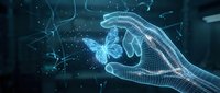 Digital wireframe hand holding glowing butterfly with neural network connections and particles on dark blue technology background for AI concepts.