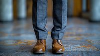 Brown leather dress shoes and gray suit pants standing on textured carpet, professional business attire detail shot with selective focus on footwear.