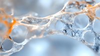 Delicate soap bubble macro photography with frozen water droplets creating abstract pattern in blue and orange tones, showing surface tension and natural geometry.