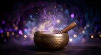 Tibetan singing bowl with wooden mallet releasing magical energy and light particles against cosmic purple background for meditation and healing practices.
