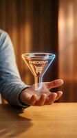 Person holding glowing neon checkout funnel icon with shopping cart symbol, representing e-commerce conversion and online retail sales process for digital marketing and business.