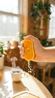 Hand squeezing fresh orange slice over cup, juice dripping into beverage in bright kitchen with plants and natural sunlight for healthy drink preparation.