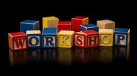 Colorful wooden alphabet blocks spelling WORKSHOP on dark reflective surface. Educational toy cubes for learning letters and words in business training concept.