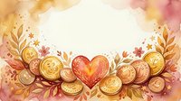 Watercolor autumn border with golden coins, red heart and fall leaves on cream background for seasonal greeting cards and romantic designs.
