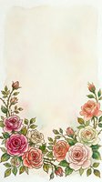 Vintage floral border with pink, coral, and cream roses on aged paper background, isolated on white for stationery, invitations, and design projects.