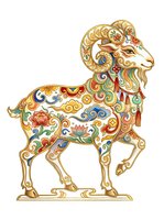 Ornate goat with intricate floral and scrollwork patterns in gold, red, blue, and green, isolated on white background for design and clipart use.