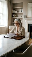 Senior woman with gray hair and glasses reviewing documents at marble table in modern home office with fireplace and bookshelves.