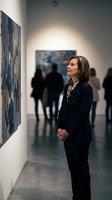 Middle-aged Caucasian woman in black business suit admiring abstract artwork in contemporary art gallery with blurred visitors in background.