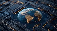 Glowing digital Earth hologram floating above electronic circuit board with illuminated microchips, representing global technology and connectivity in modern world.
