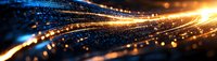 Glowing golden light trails on dark blue digital network, creating futuristic technology concept for business and communication backgrounds.