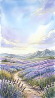 Watercolor landscape painting of rolling lavender fields with distant mountains, winding path, and dramatic cloudy sky in soft purple, blue, and golden tones for nature and travel design projects.
