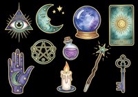 Mystical and magical symbols collection isolated on transparent background, ready for t-shirt design, clipart, stickers, sublimation and print-on-demand projects.