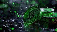 Glowing green cryptocurrency coin with bokeh light effects and water drops on dark background, creating dramatic atmosphere for financial technology concept.