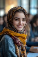 Young woman wearing colorful patterned headscarf and gray sweater smiling warmly at camera with natural makeup and curly hair, soft bokeh background.