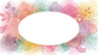 Watercolor floral frame with oval white space for text, featuring soft pastel flowers, leaves and botanical elements in pink, purple and yellow tones.