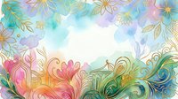 Watercolor floral frame with gold line art, pastel pink, teal, and purple blooms, soft background for greeting cards and invitations.