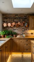 Rustic kitchen interior with exposed brick wall, copper pots hanging on rack, wooden cabinets, herb plants and warm lighting for home design.