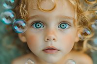 Close up portrait of young child with bright blue eyes and curly blonde hair surrounded by floating soap bubbles against soft blurred background.
